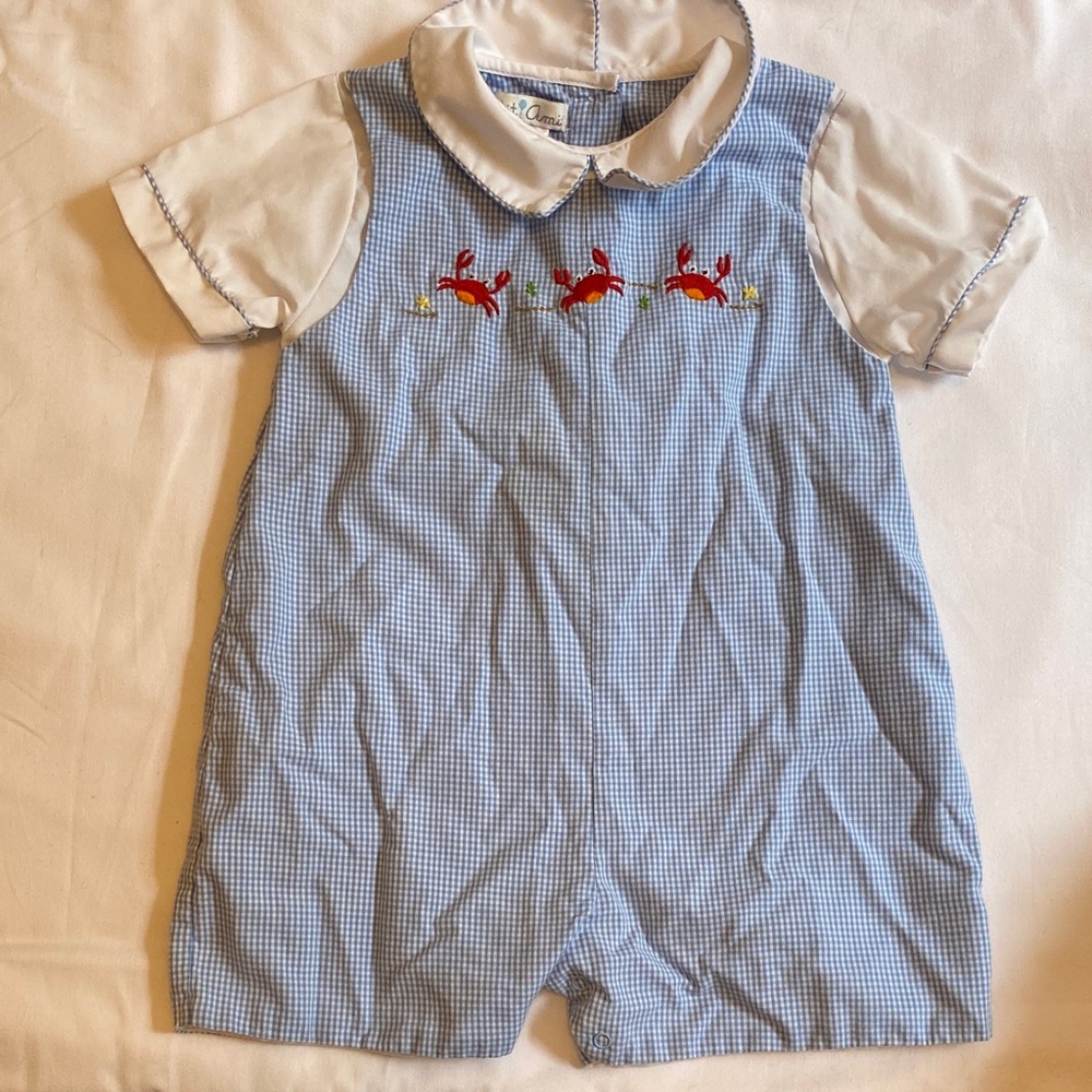 Petit Ami Blue Gingham Baby Romper with Crab Embroidery